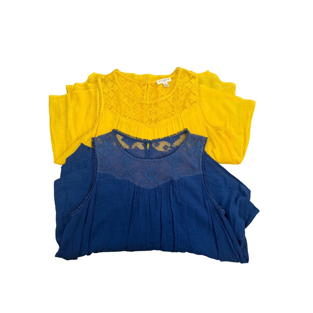 Set/2 Boho Blue Embroidered MeshYoke Sleeveless Blouse Pom Pom Trim Button Bk LG